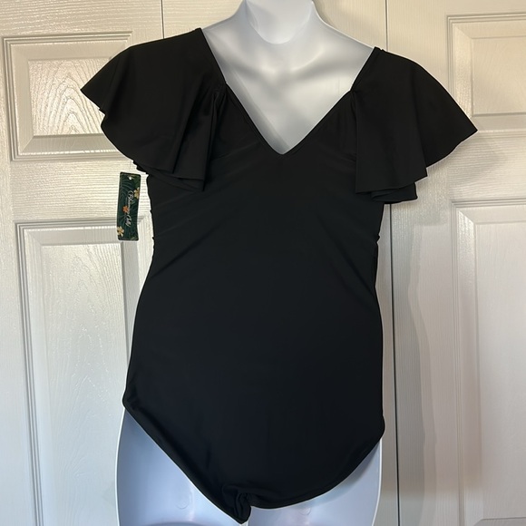 Blooming Jelly One Piece Black Swim Suit with Flutter Sleeves, deep V-neck, XXL - Picture 7 of 11